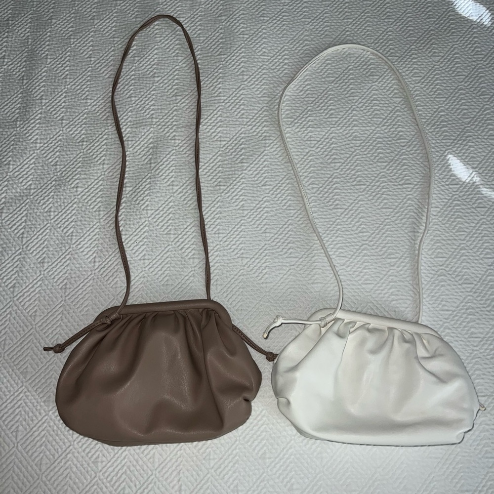 Beige and White Crossbody Bag with Ruched Design